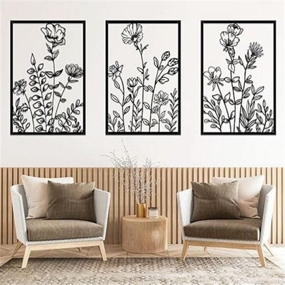Black Metal Flower Wall Art Set Abstract Minimalist Decor for Bedroom Living - Picture 8 of 8